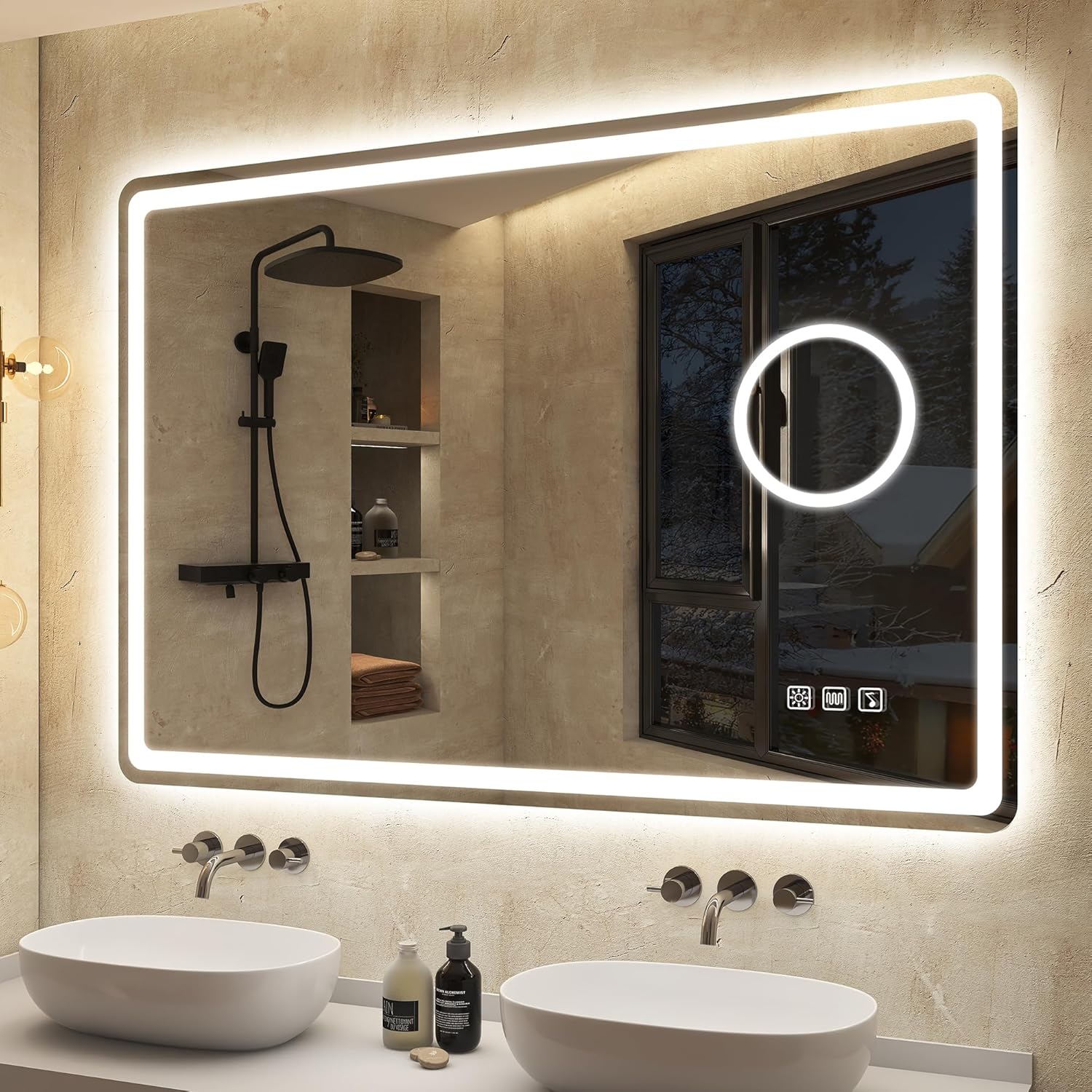 Bathroom with a large illuminated mirror above two sinks.