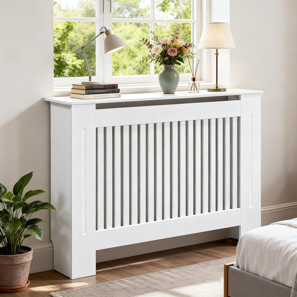 Radiator Cover 100cm Tall White MDF Horizontal Slat Medium Cabinet Fativo
