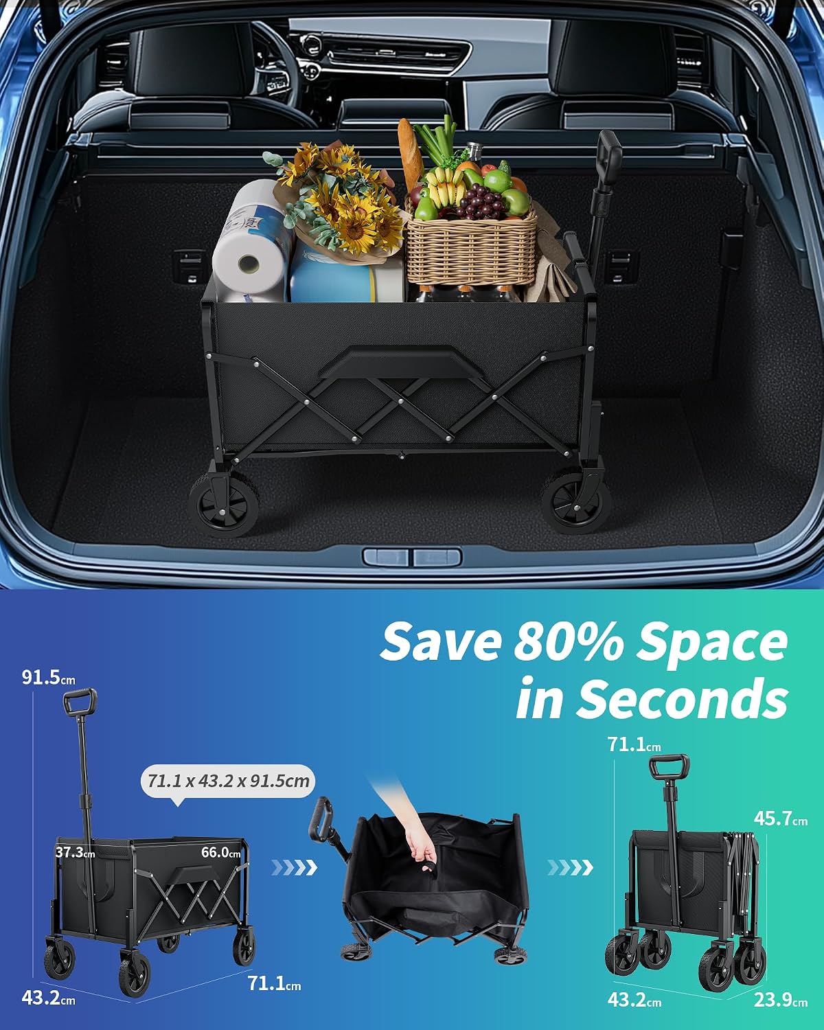 Festival Trolley 100L Folding Wagon Camping Garden Cart Black Wheels Kitsure