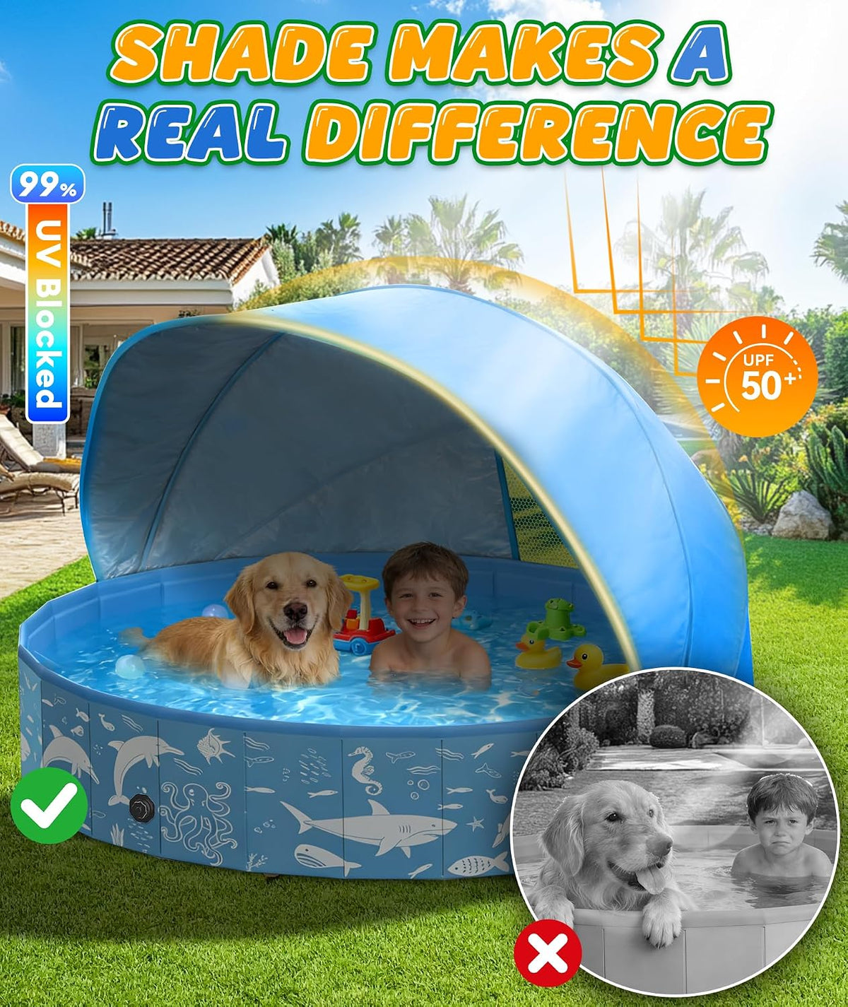 Foldable Dog Pool 140x30cm Canopy UV Sun Protection Outdoor Pet Paddling EPN
