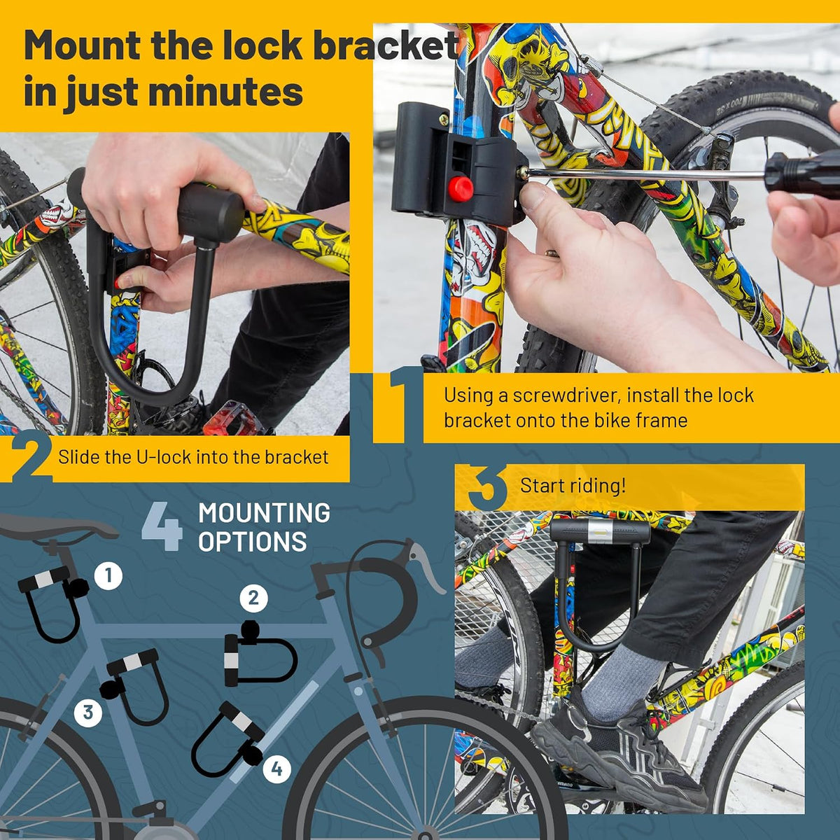 Bike U Lock 16mm Heavy Duty 1.2m Steel Cable 3 Keys Orange SIGTUNA Bicycle Lock