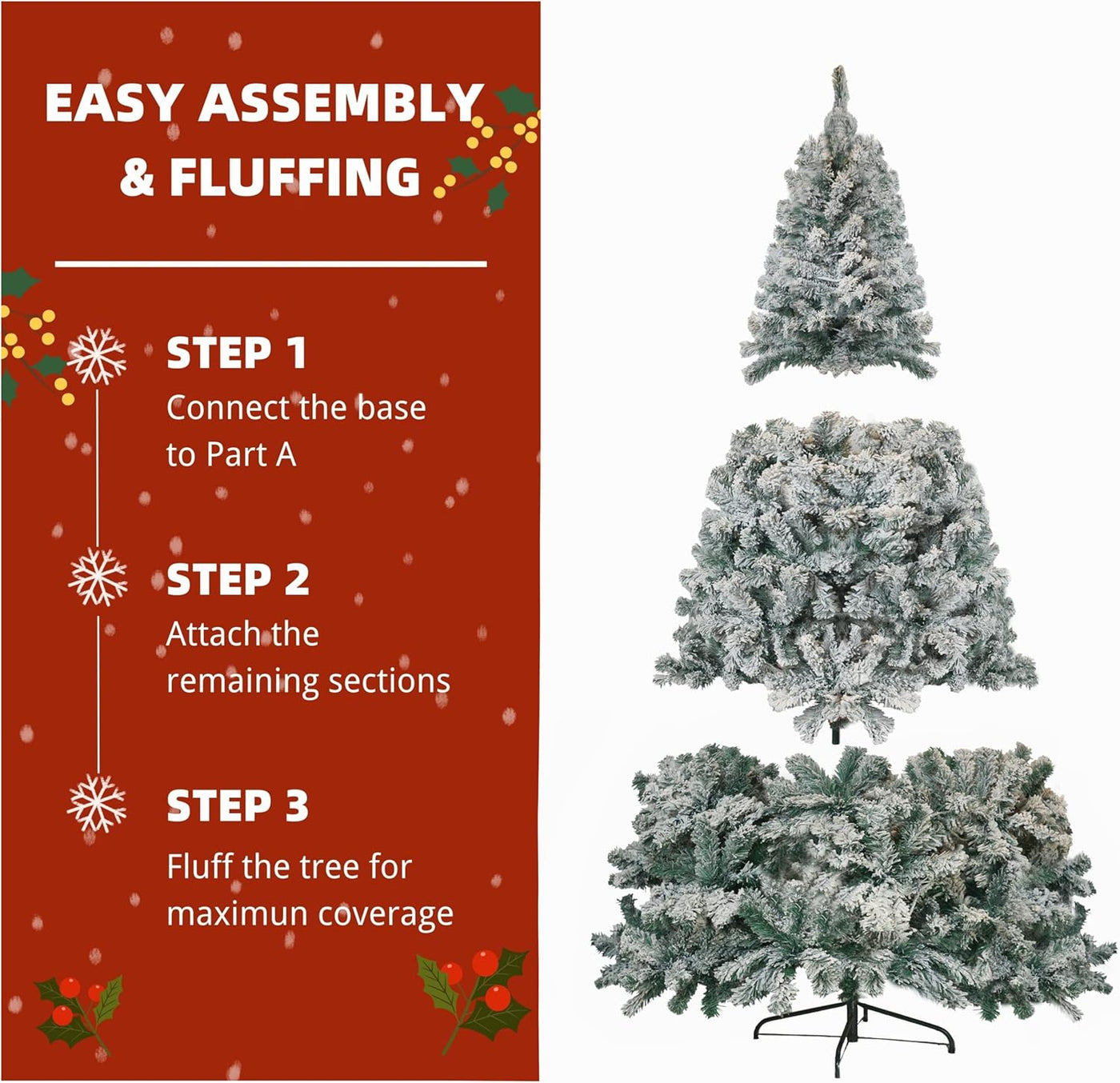 Asinse 6ft Pre-Lit Snow Flocked Christmas Tree with 350 Warm LED Lights - Hinged