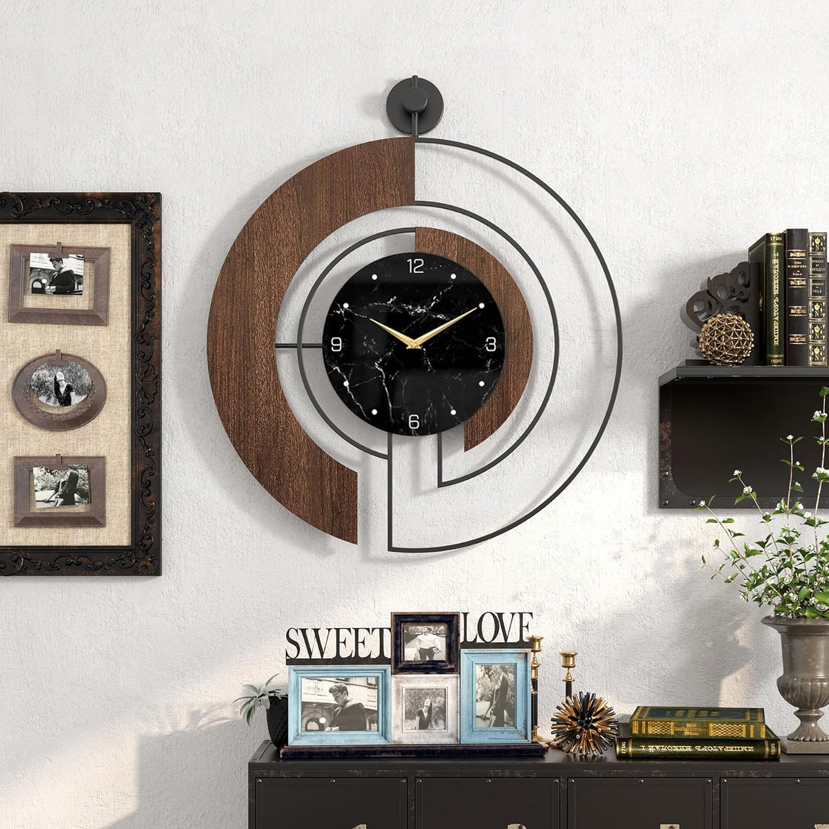 Wall Clock 50cm Walnut Marble Dial Silent Non Ticking Wood Metal Frame Modern