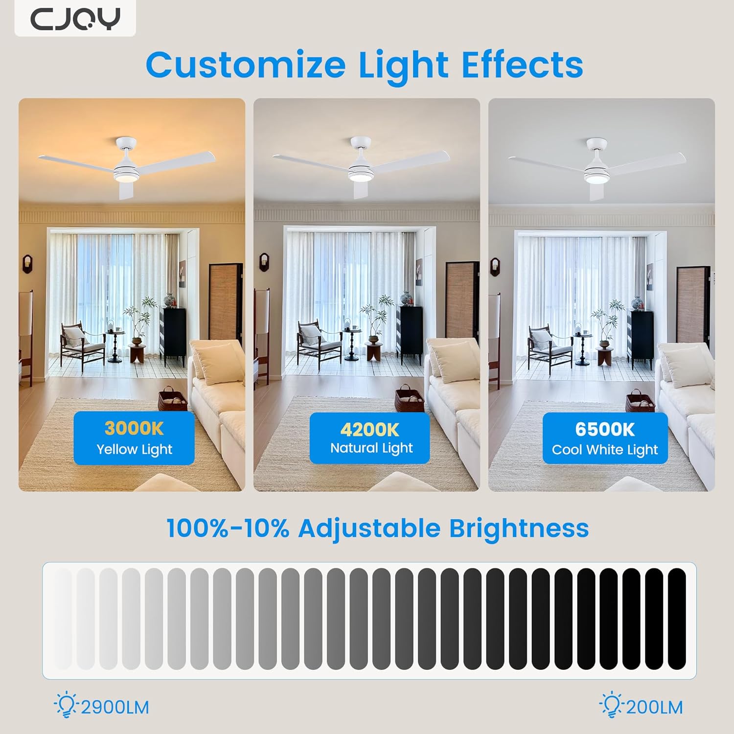 52 Inch Ceiling Fan With Lights Remote Fan 6 Speeds DC Reversible White CJOY