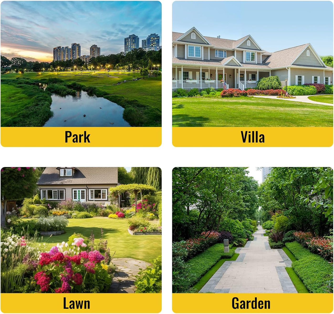 Collage of a park, villa, lawn, and garden with labels underneath each.