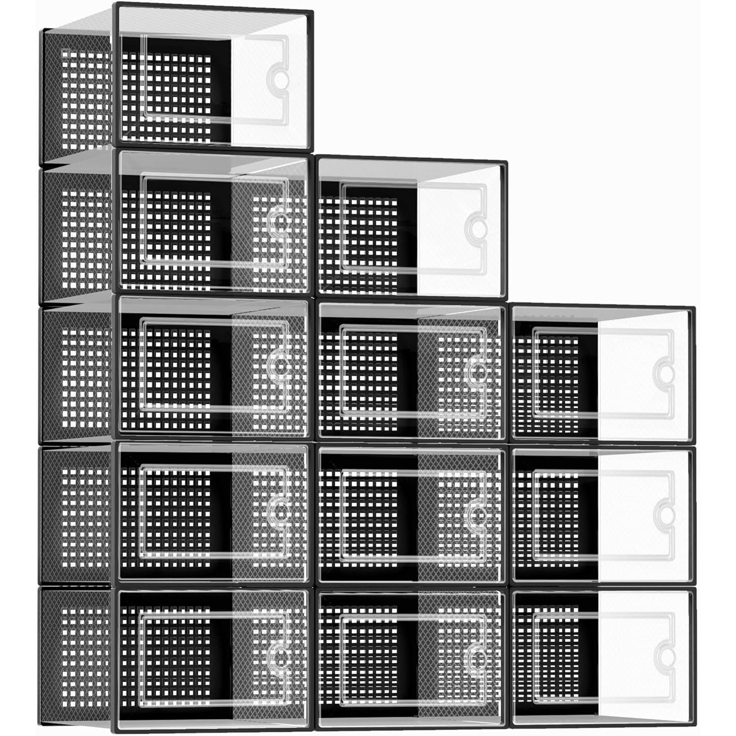 Upgrade your shoe storage with extra-large, stackable boxes that fit size 12 shoes. Transparent, durable, and space-saving design for easy organization!