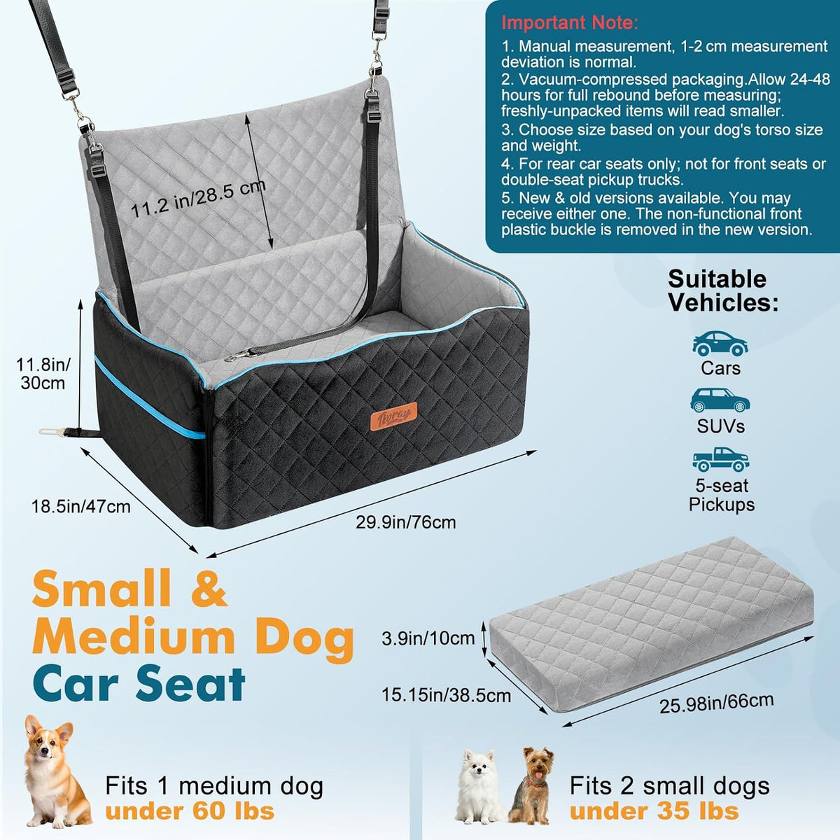 Dog Car Seat Medium Dogs Up to 60lb Thick Cushion Black Grey Large Pet Booster