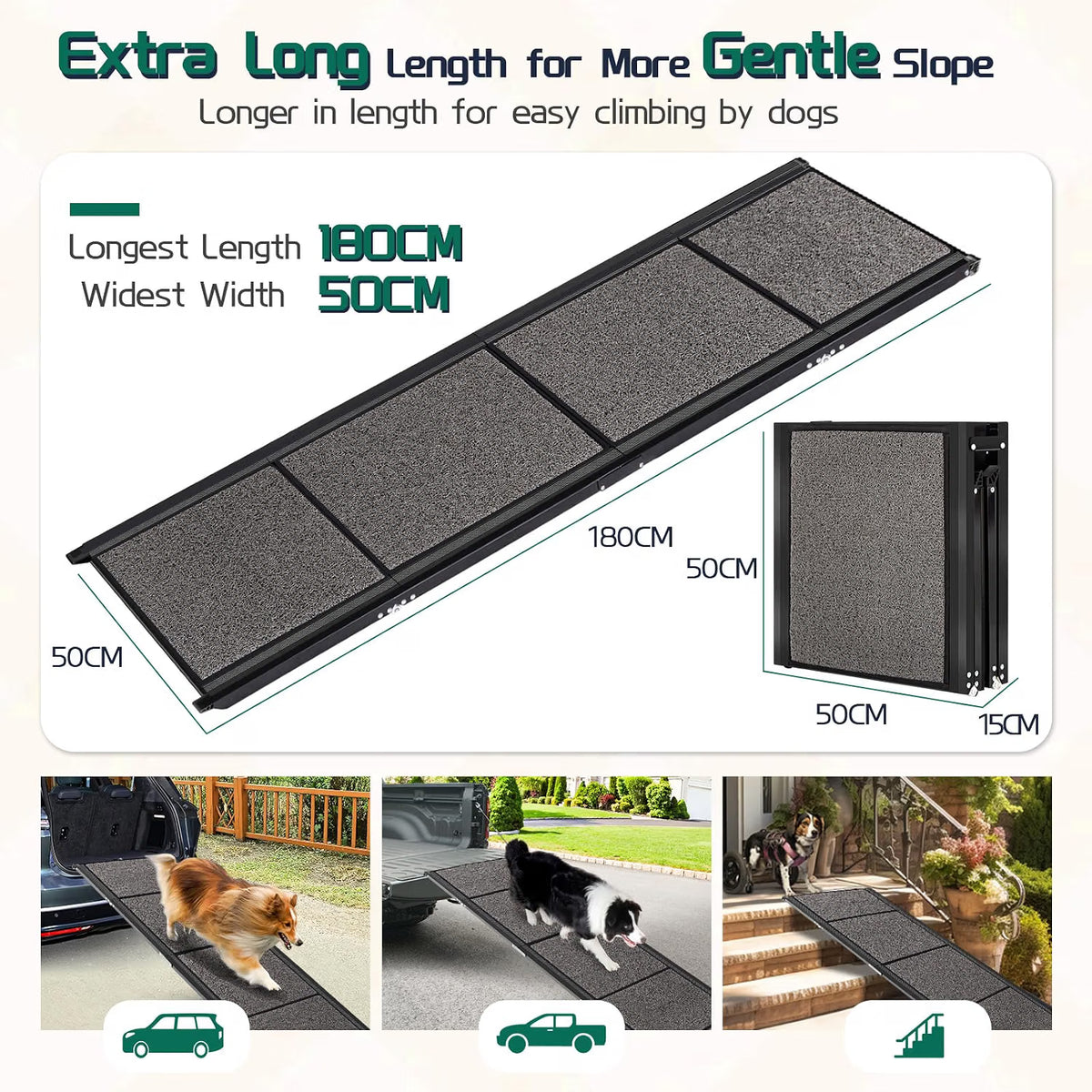 Dog Ramp 180x50cm Foldable Extra Wide Non Slip Car SUV Truck 150kg Large Dogs