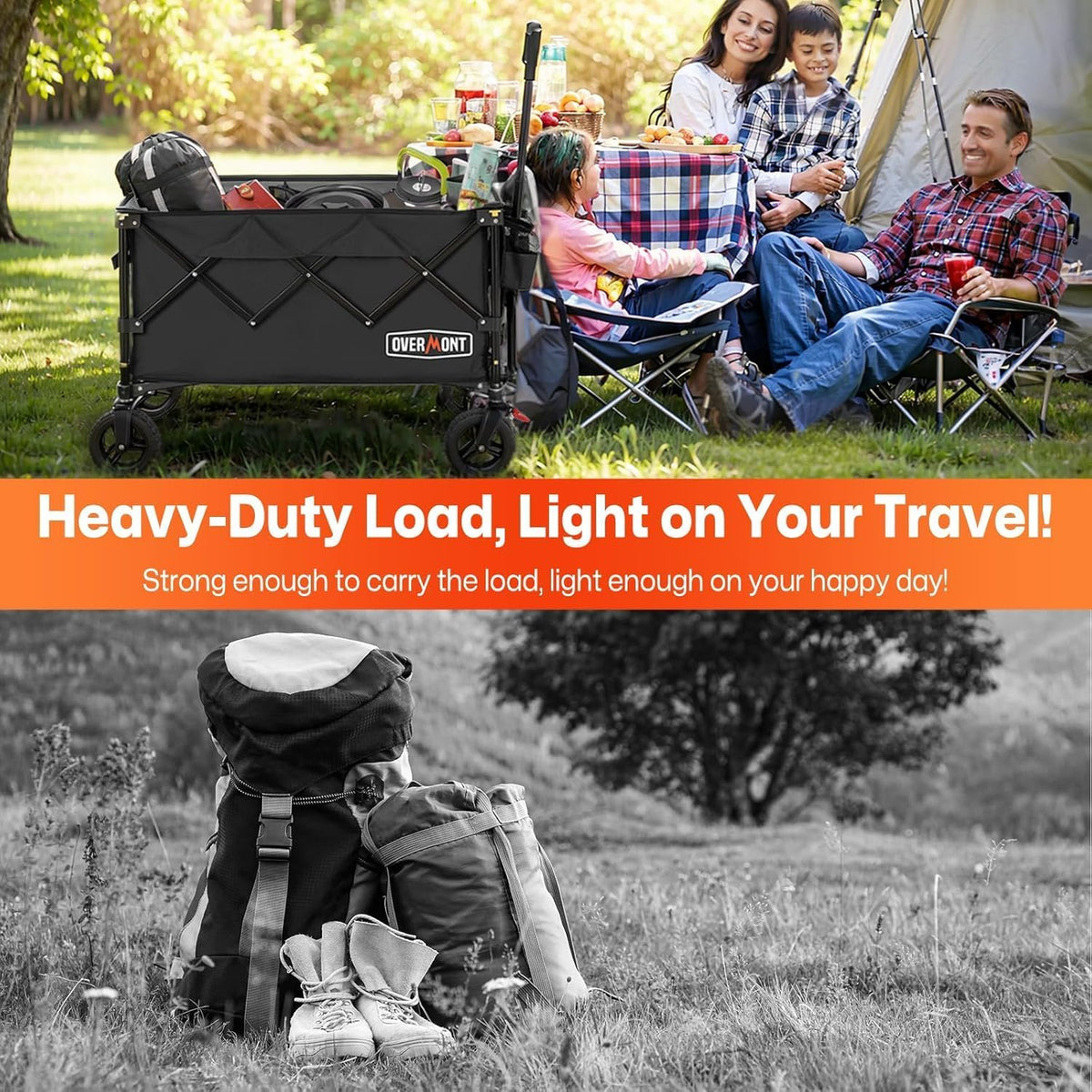 Folding Festival Trolley 200L Heavy Duty Collapsible Wagon Black Overmont Cart