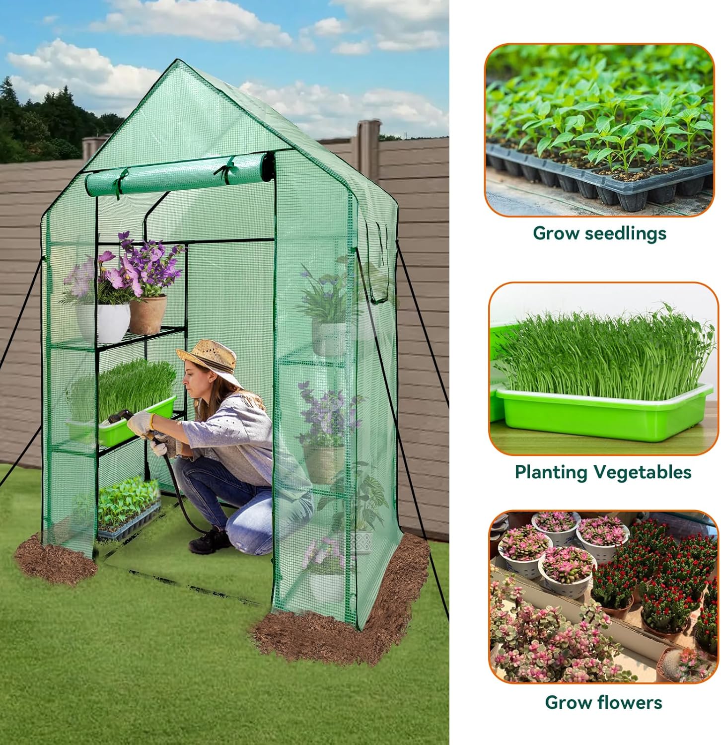 Grandhom Walk-In Greenhouse with Shelves, 3-Tier, PE Cover, 143x73x195cm, Stable