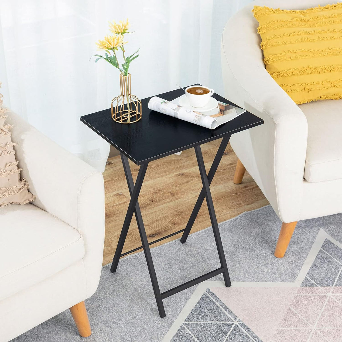 Folding TV Tray Tables Set of 2 Black Metal Frame Sofa Laptop Tables HOOBRO