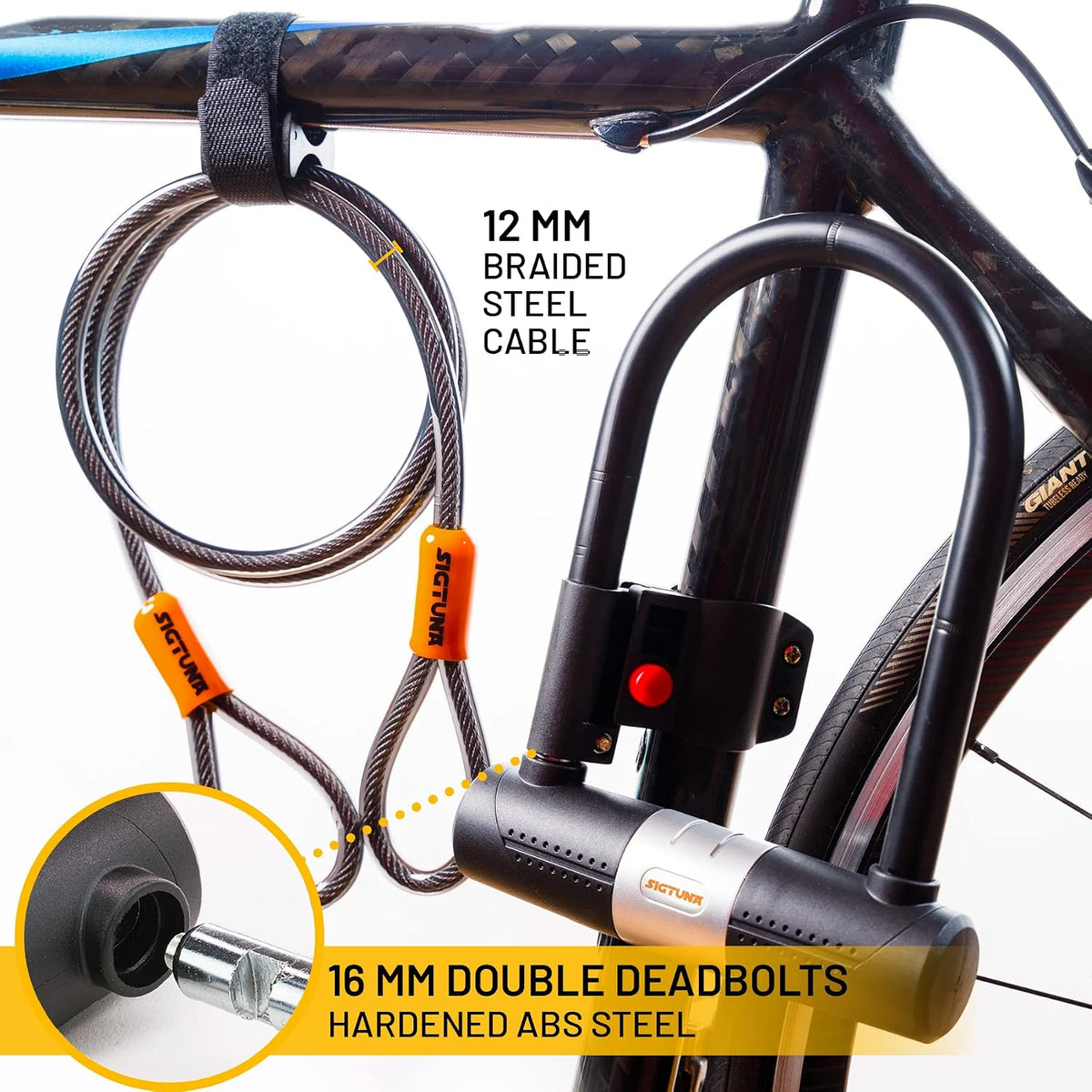 Bike U Lock 16mm Heavy Duty 1.2m Steel Cable 3 Keys Orange SIGTUNA Bicycle Lock