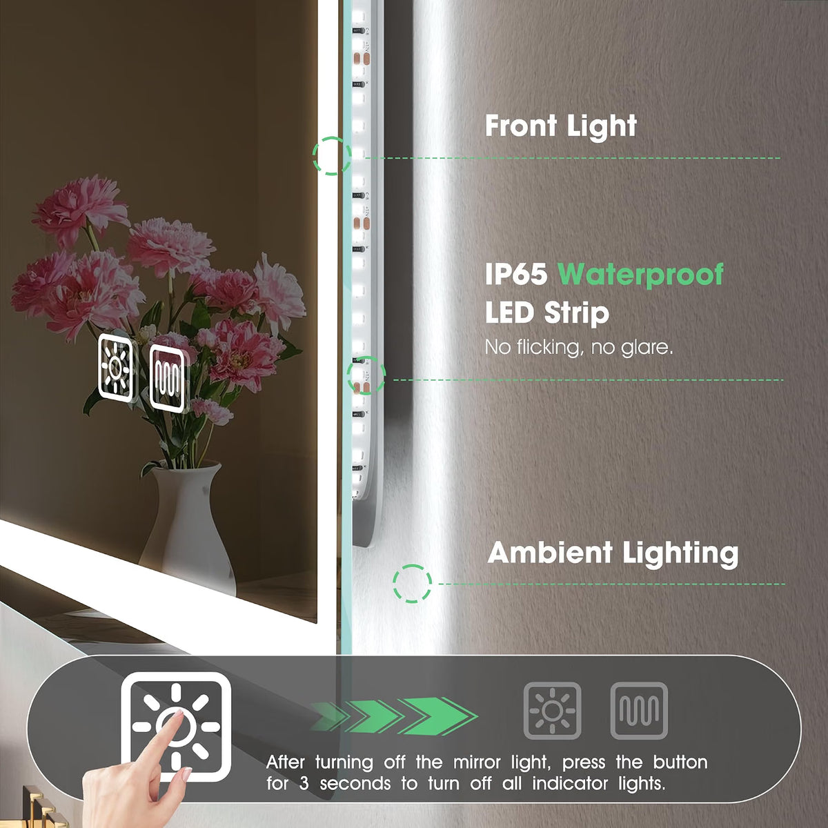 LED Bathroom Mirror 100x70cm Dimmable 3 Colour Demister IP44 S'bagno Frameless
