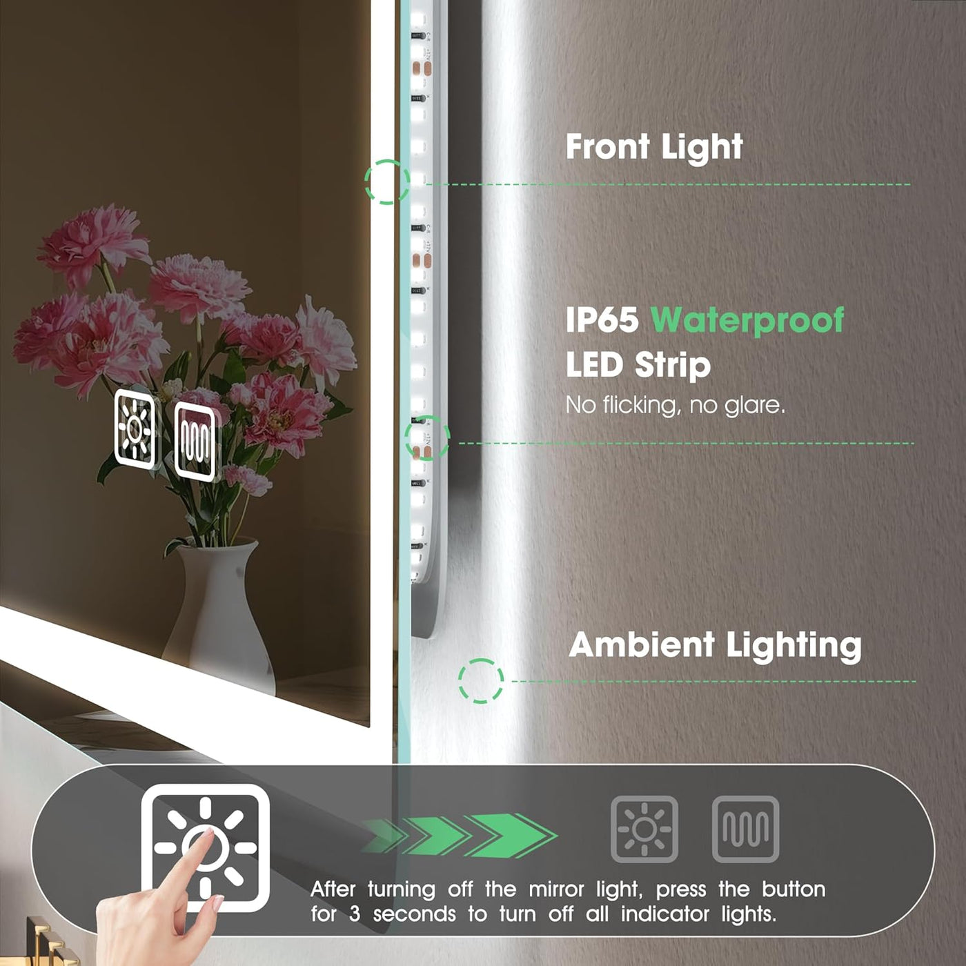 LED strip light on a wall with text highlighting features like IP65 waterproof and ambient lighting.