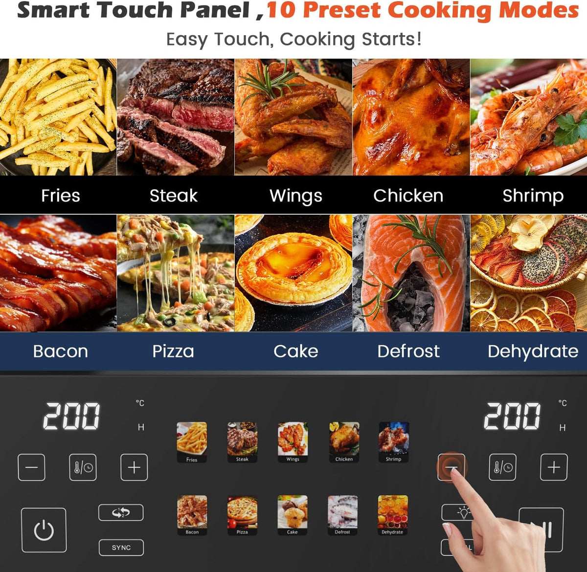 Dual Zone Air Fryer 10L 8 in 1 Double Drawer Viewing Window Family Size Cooker