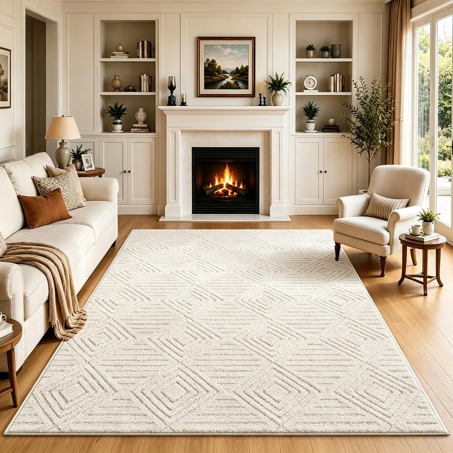Large Living Room Rug 200x300cm Cream Non Slip Washable Bedroom Carpet Capslapd
