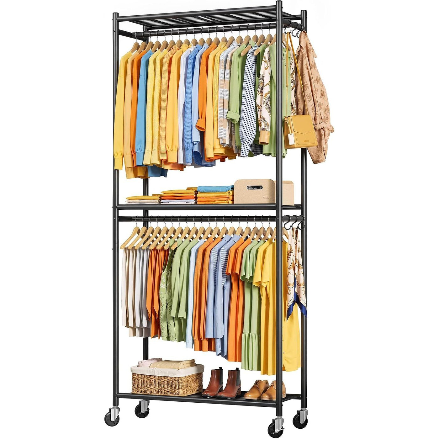 Clothing Rack 202cm Metal Garment Rail Shelves Hooks Wheels Black Sakugi Storage