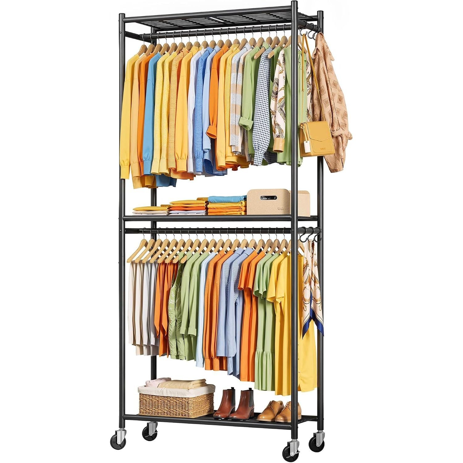 Clothing Rack 202cm Metal Garment Rail Shelves Hooks Wheels Black Sakugi Storage