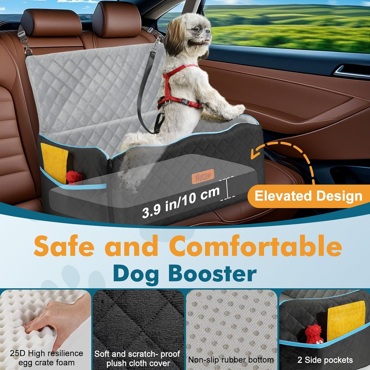 Dog Car Seat Medium Dogs Up to 60lb Thick Cushion Black Grey Large Pet Booster