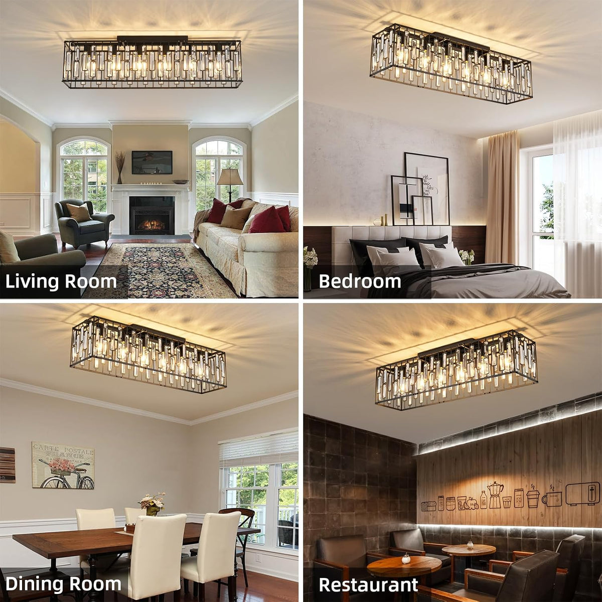 Crystal Ceiling Light 6 Light Black Rectangular Chandelier E27 Modern JIINOO