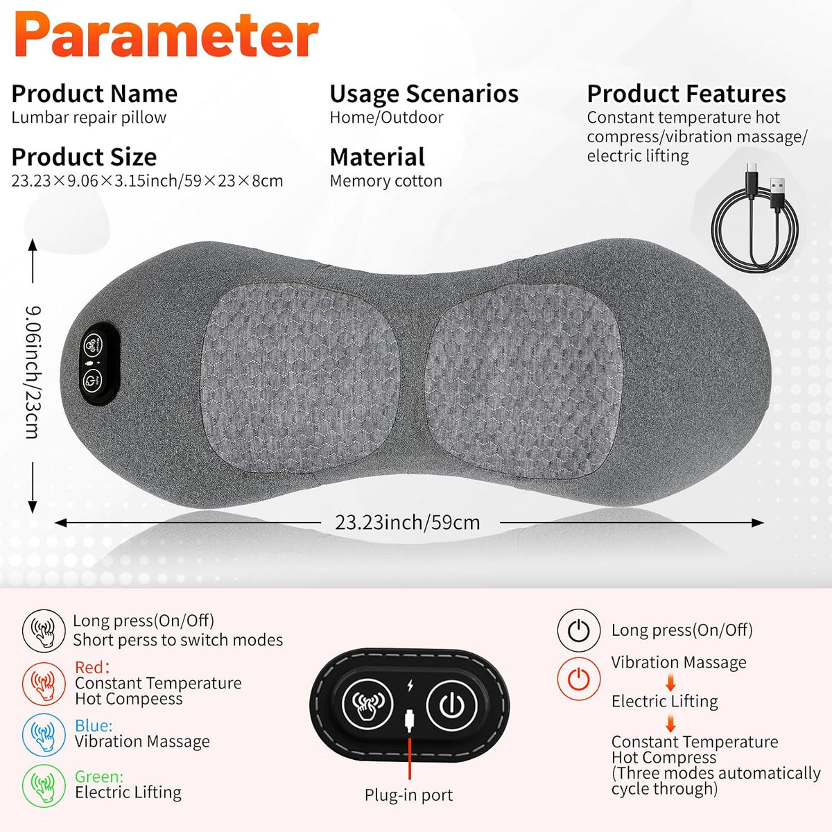 Back Massager 3 in 1 Neck Lower Back Therapy Heat Pain Relief Grey TheraBack