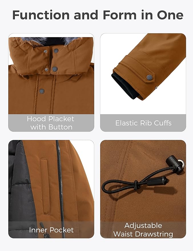 Brown jacket with features highlighted including hood placket, elastic rib cuffs, inner pocket, and adjustable waist drawstring.