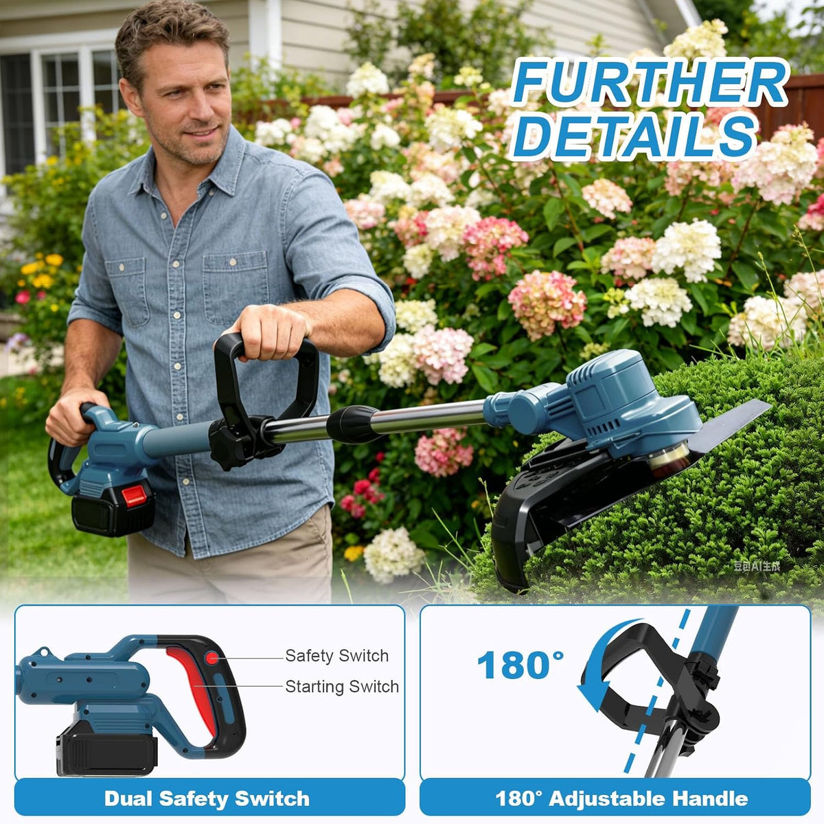 Cordless Grass Trimmer 21V 25cm 2 x 4.0Ah Batteries 5 Blade Types Strimmer