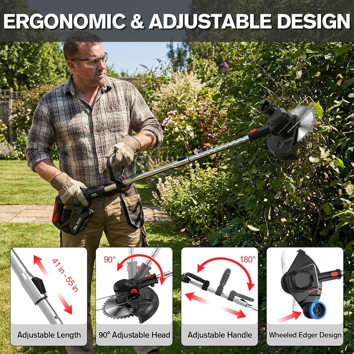 Cordless Strimmer 750W 24000RPM 2x2Ah Batteries Wheels Metal Blades LCD Display