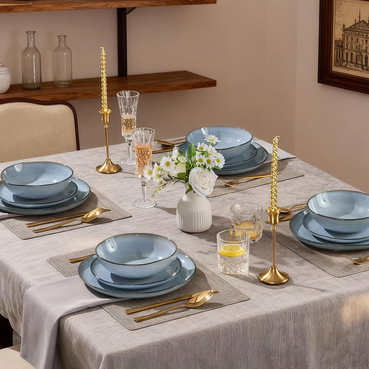 Stoneware Dinner Set 16 Piece Service for 6 Lakeside Mist Blue Joyfair Tableware