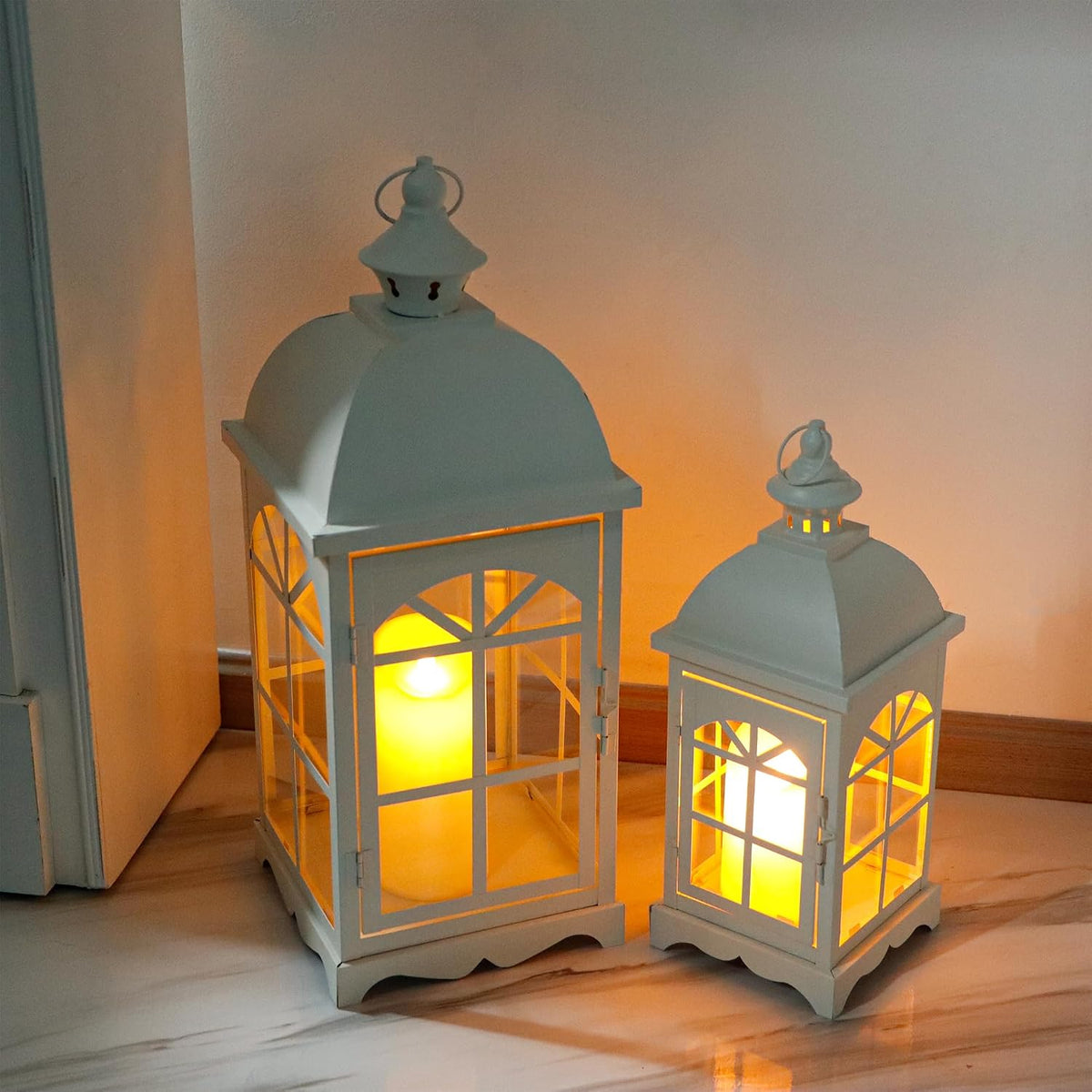 Candle Lanterns Set of 2 14.5 & 20 Inch White Vintage Farmhouse TRIROCKS