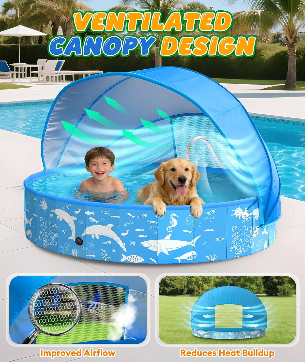 Foldable Dog Pool 140x30cm Canopy UV Sun Protection Outdoor Pet Paddling EPN