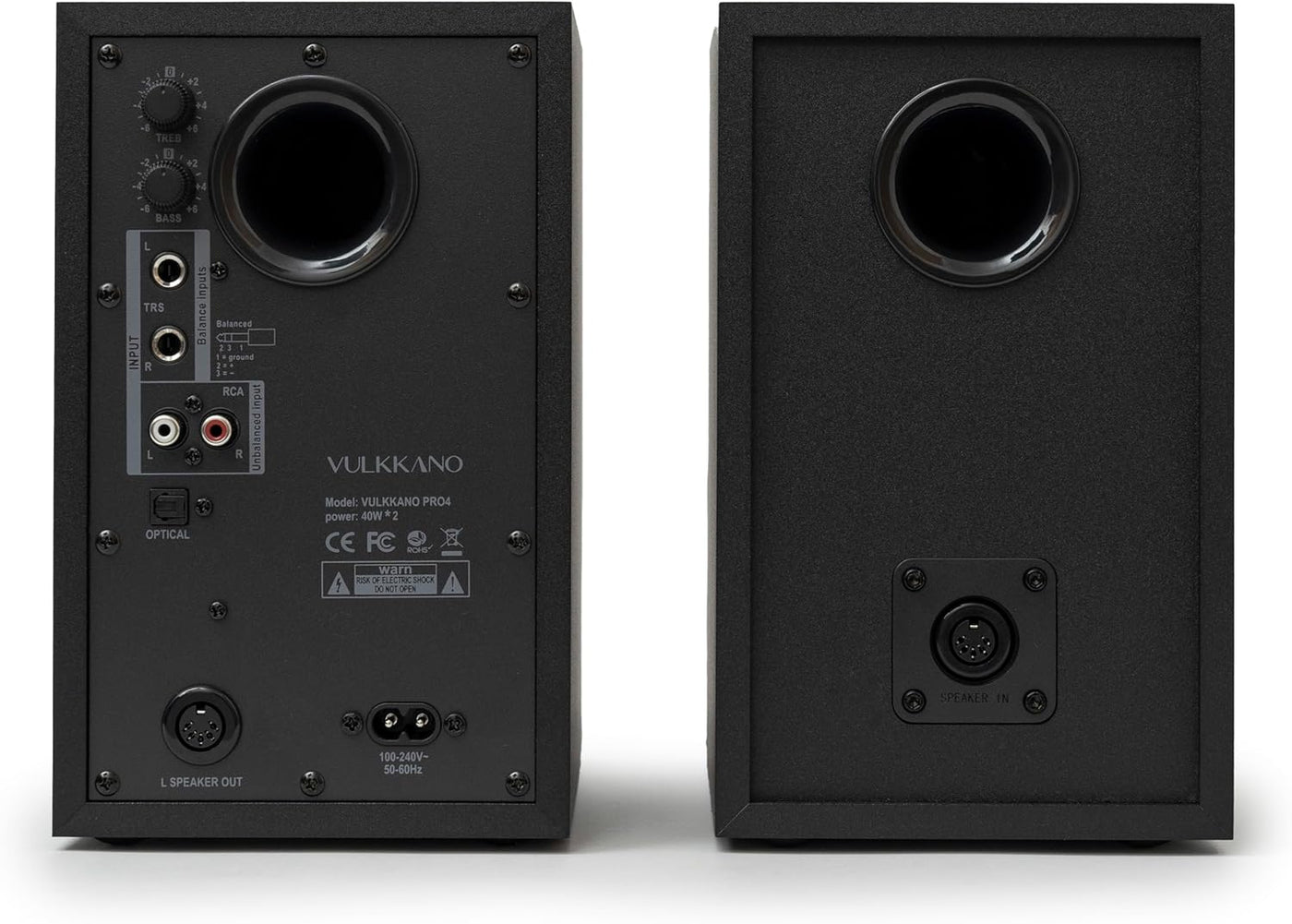 Black speakers with visible branding on a white background