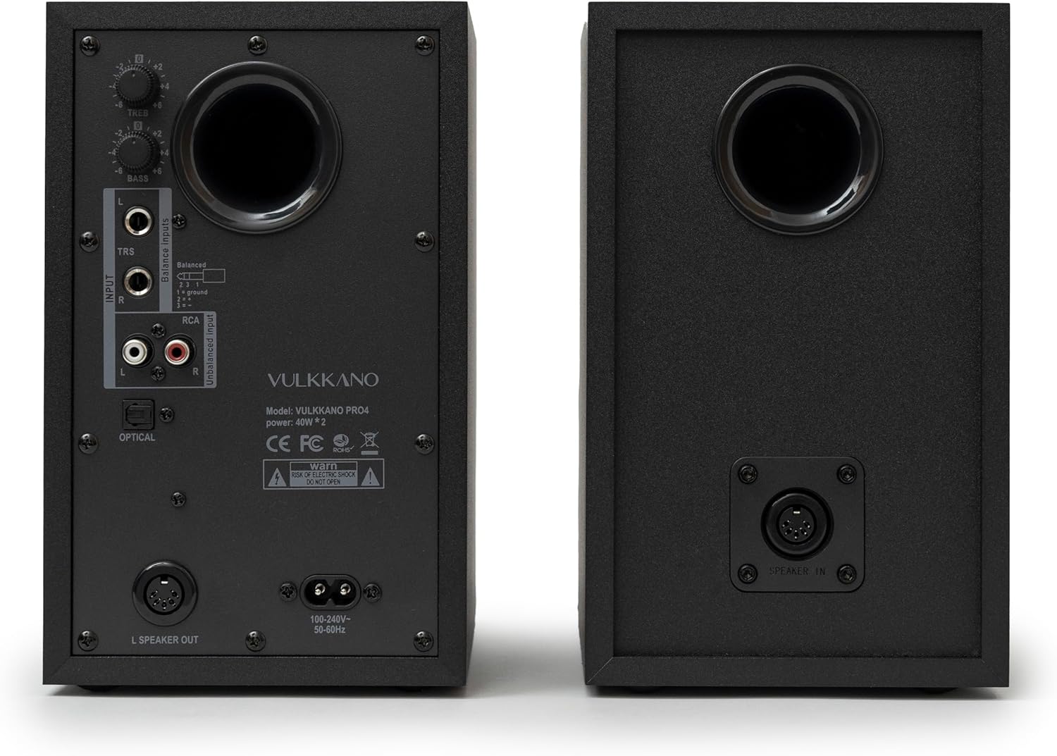 Black speakers with visible branding on a white background