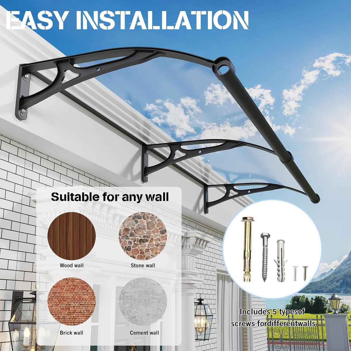 Door Canopy Awning 32 x 80 inch Polycarbonate Aluminium UV Rain Snow Protection