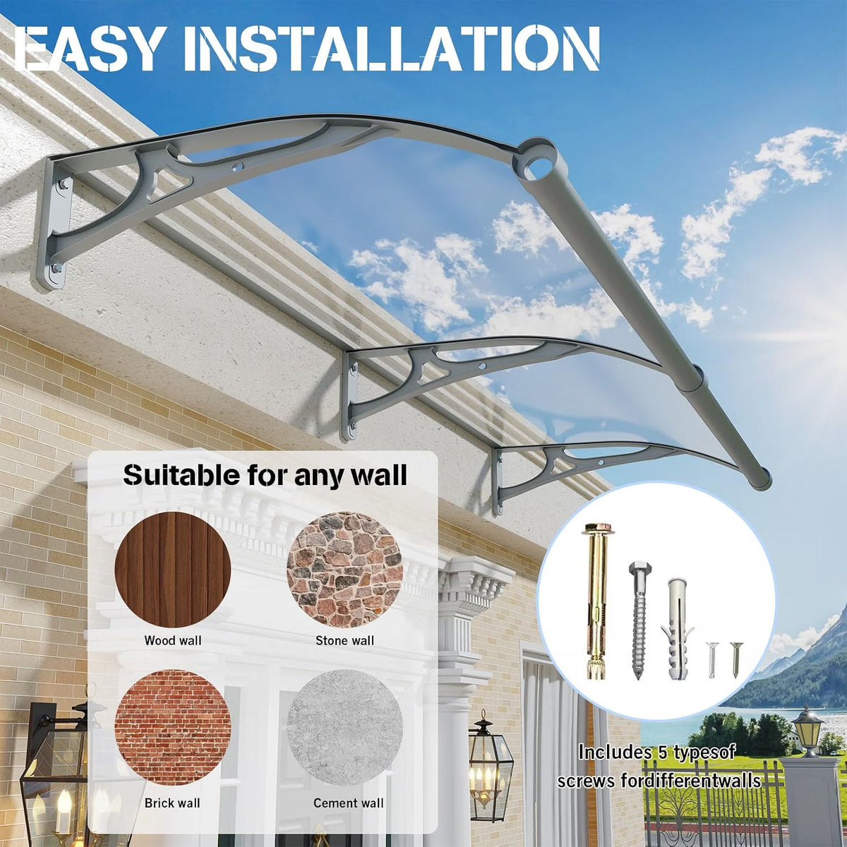 Door Canopy Awning 100x100cm Polycarbonate Aluminium UV Rain Snow Protection