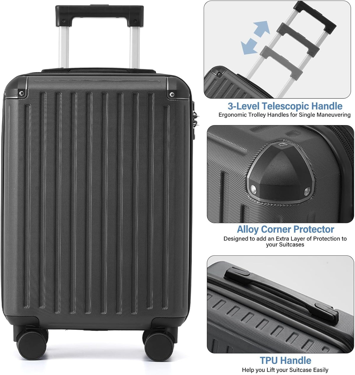 Cabin Suitcase 55x40x20cm Hard Shell TSA Lock Black EasyJet Ryanair Travel COOLIFE