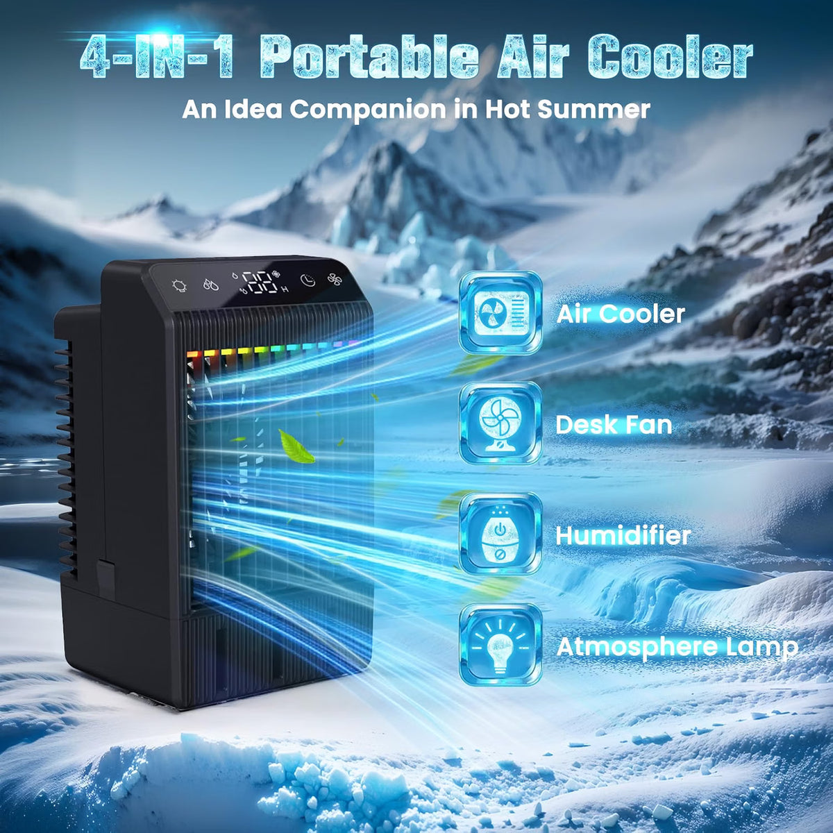 Portable Air Conditioner 4 in 1 1000ml Air Cooler Humidifier 4 Speed Mini AC Fan