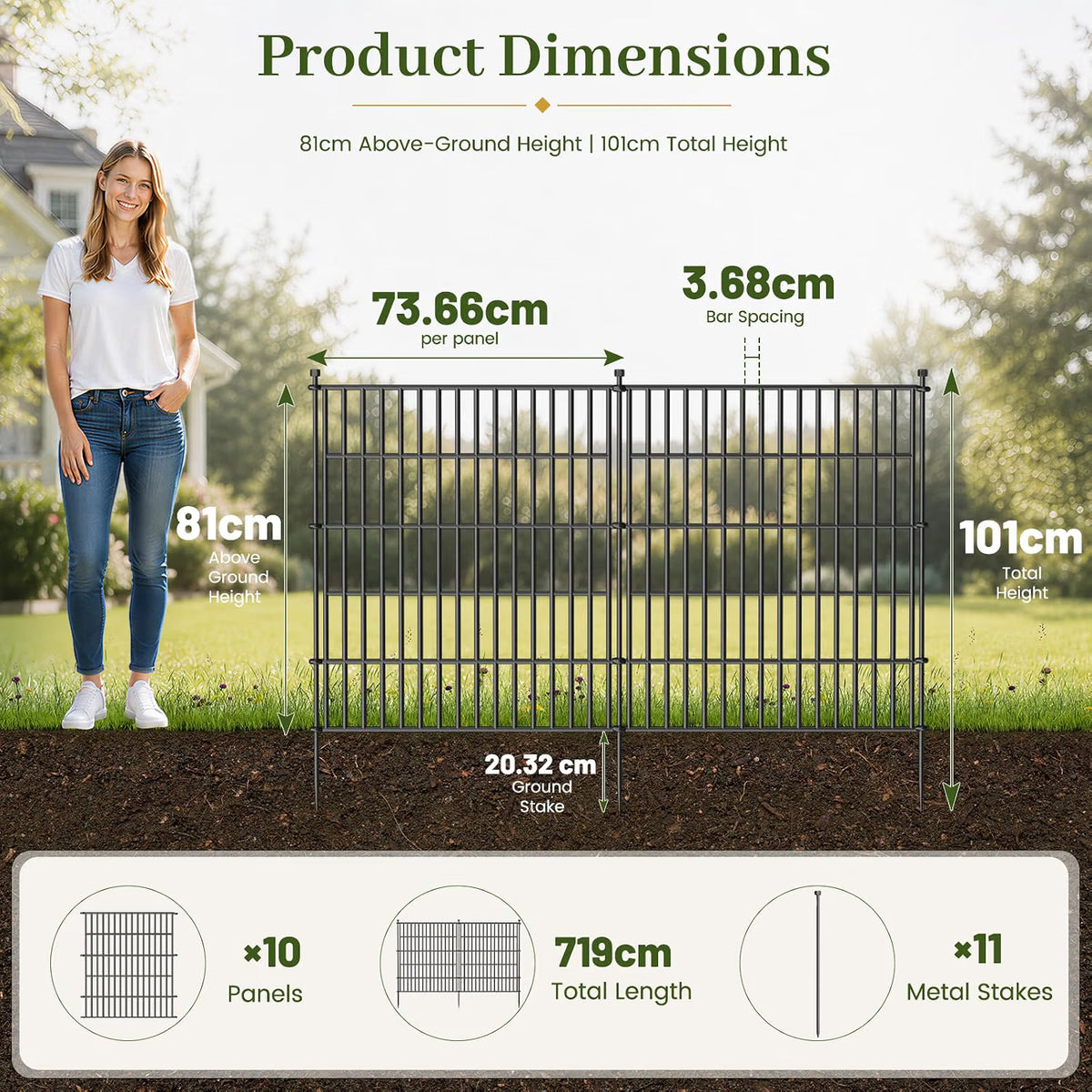 No Dig Garden Fence 81cm x 720cm 10 Panels Outdoor Metal Animal Barrier Fencing