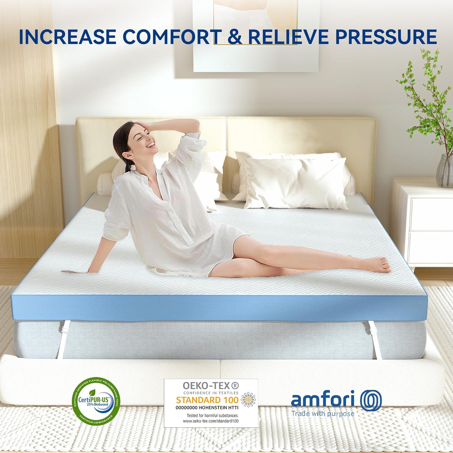 Woman relaxing on a mattress with 'amfori' branding and certification logos.