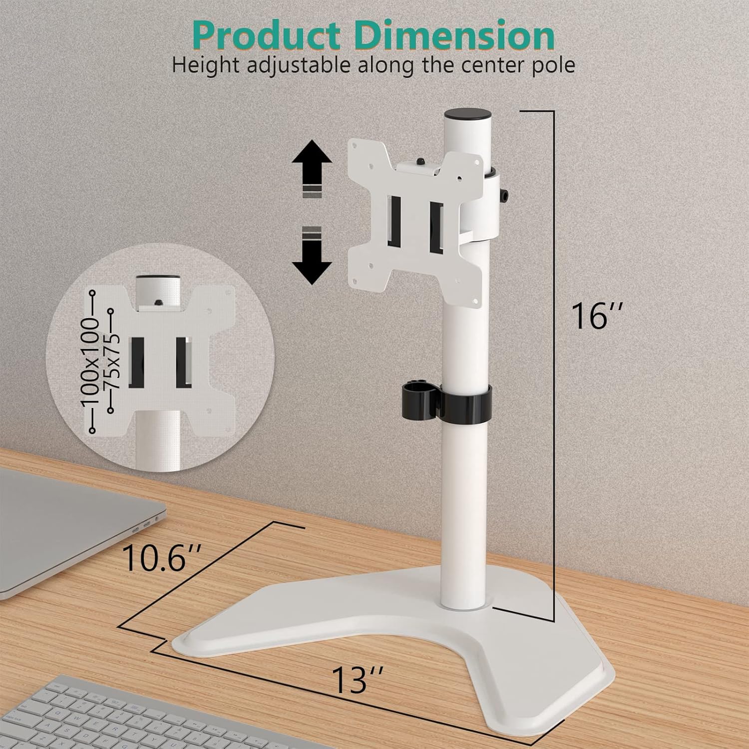 Single Monitor Stand 32 Inch Free Standing Adjustable VESA White WALI