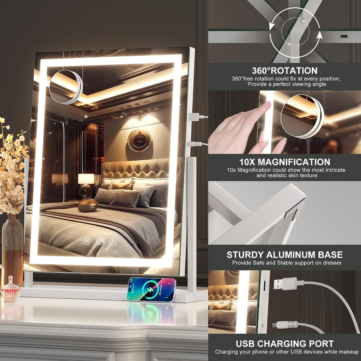 Vanity Mirror 44x56cm LED Lights 10X Magnification 3 Modes White Hasipu
