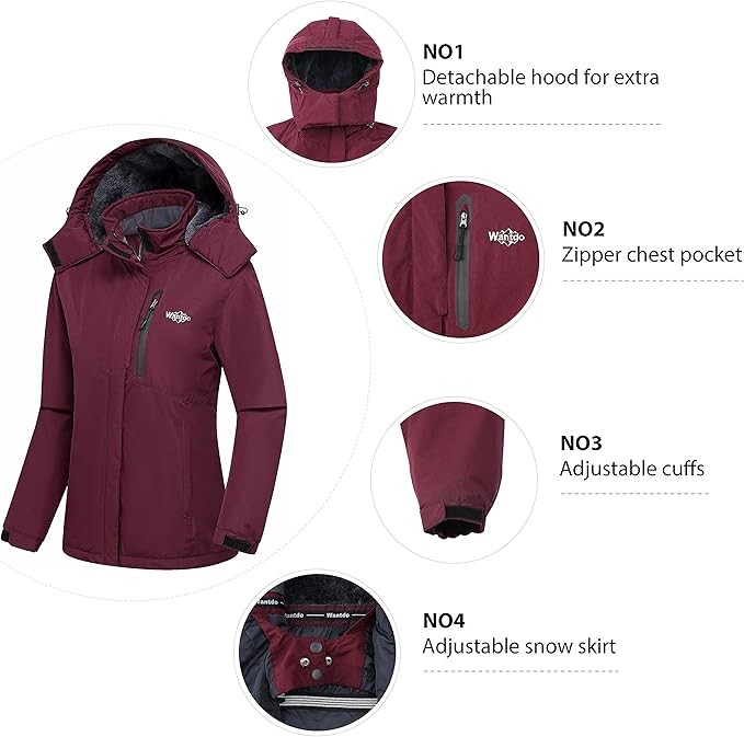 Wantdo Women's Waterproof Windproof Fleece Ski Jacket Coat Wine Red