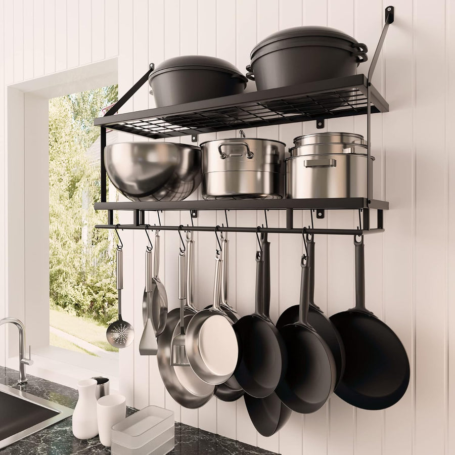 KES 76cm Wall-Mounted Pot & Pan Rack, 2-Tier Shelf w/ 12 Hooks, Matte Black - Massive Discounts