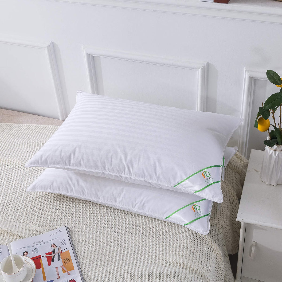 Goose Feather Down Pillows Pair Luxury 100% Cotton Cover Soft Bed Sleeping Pillow