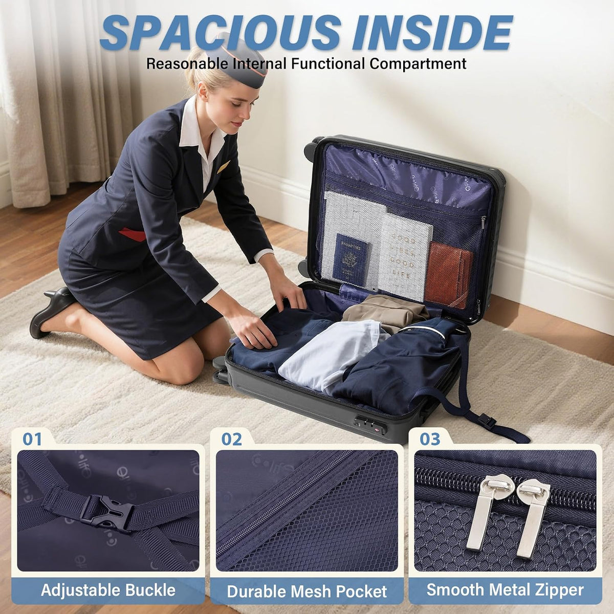 Cabin Suitcase 55x40x20cm Hard Shell TSA Lock Black EasyJet Ryanair Travel COOLIFE
