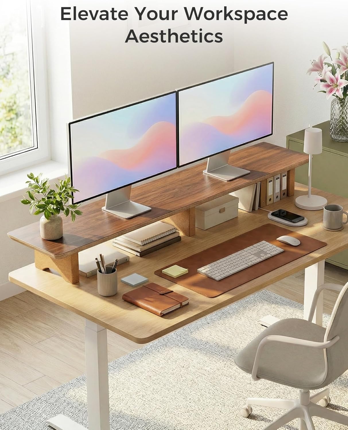 Dual Monitor Stand Riser Wooden Desktop Organizer Black Walnut Aothia