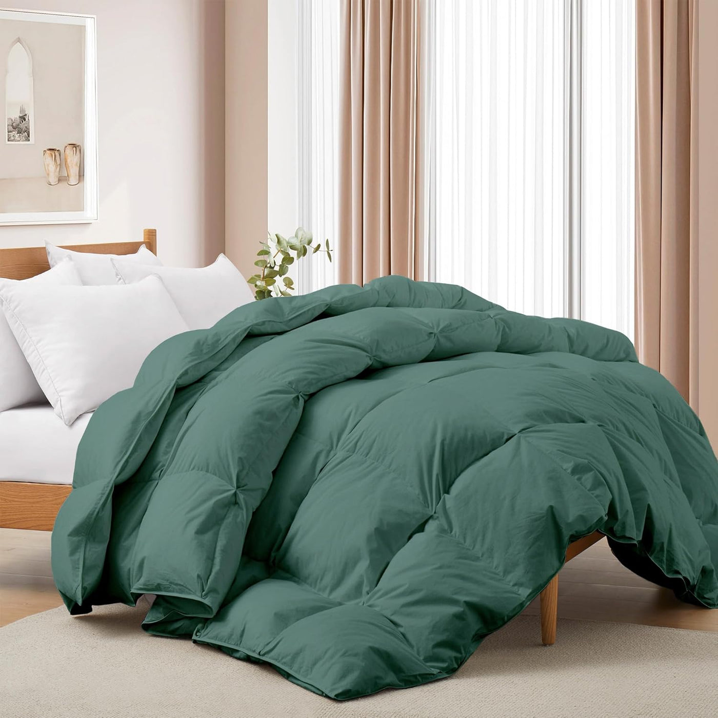 Green comforter on a bed in a bedroom setting