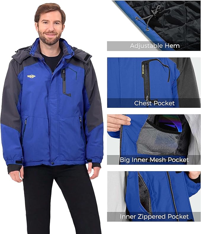 Wantdo Men's Waterproof Hooded Winter Mountain Ski Jacket Coat Blue