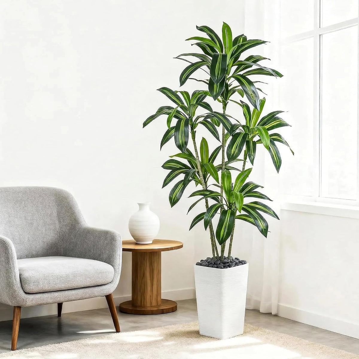 Artificial Dracaena Tree 6FT Tall Faux Indoor Plant White Planter FOSHOI Decor