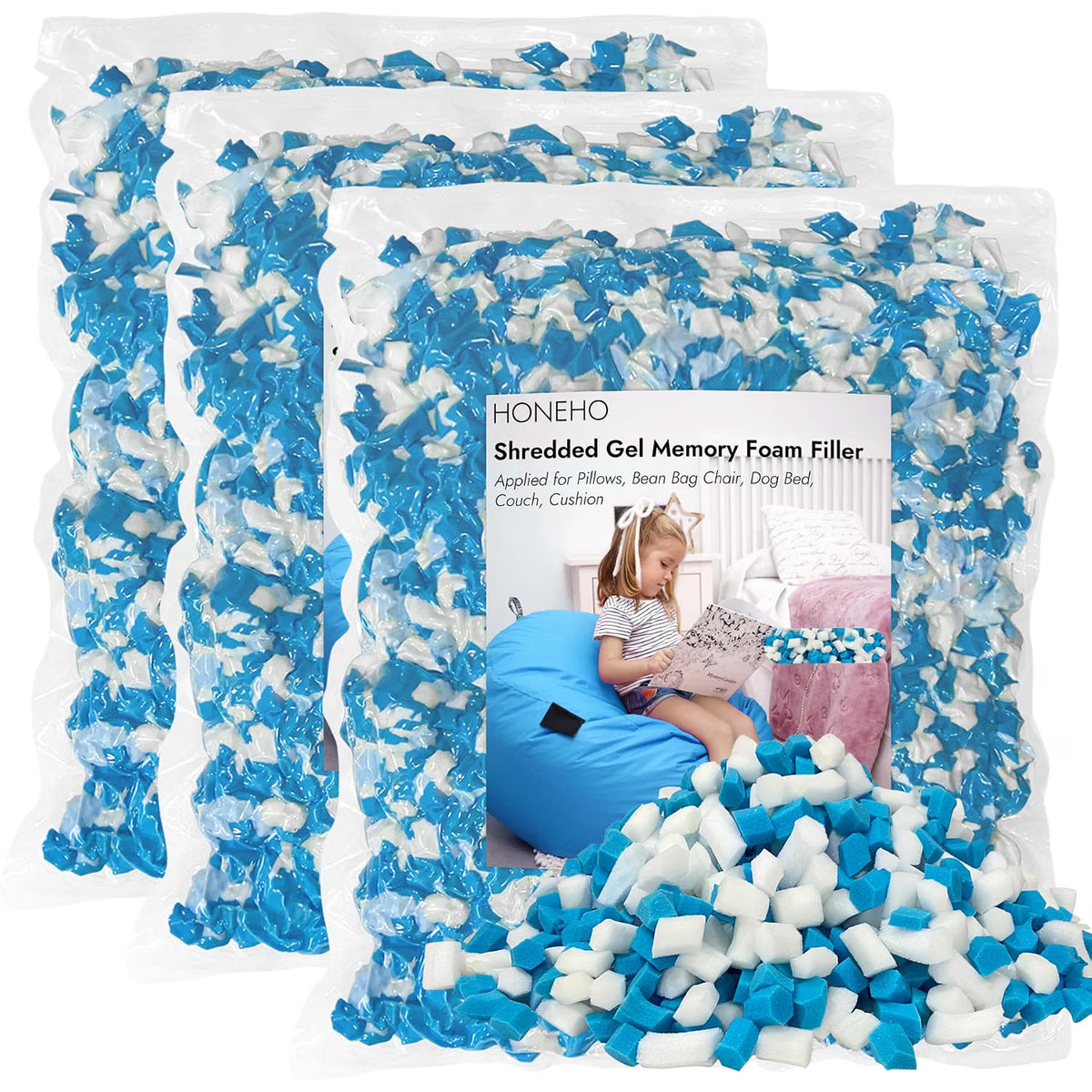 Three clear plastic bags filled with blue and white shredded gel memory foam fillers, with one bag in front showing a product label and a pile of the blue-and-white foam chunks in the foreground on a white background.